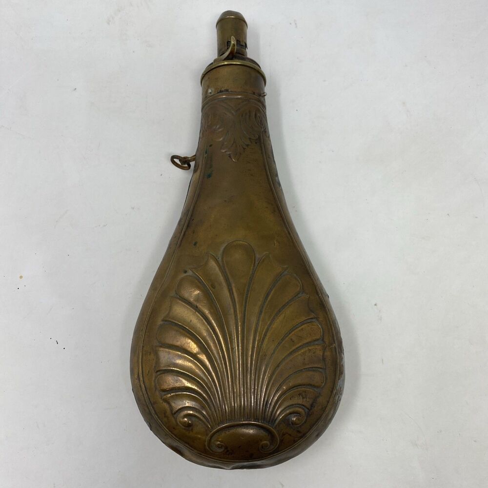Antique Copper & Brass Embossed Black Powder Flask 10” Long